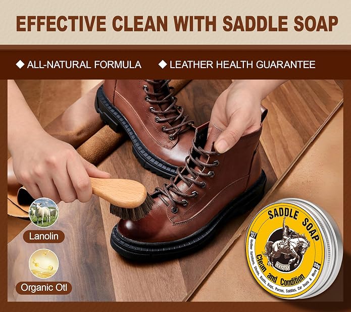 Leather Boot Care Kit, Mink Oil & Saddle Soap for Leather Cleaning & Leather Boots, 6-in-1 Leather Shoe Care Kit