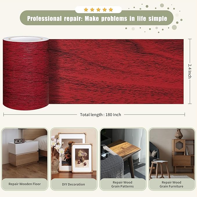 Besezx Wood Grain Tape, 2.4" X15', Self Adhesive Wood Grain Repair Patch for Tables, Chairs, DIY,Baseboards, Doors, Windows, Floors and Furniture Renovation.（Red）