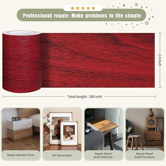 Besezx Wood Grain Tape, 2.4" X15', Self Adhesive Wood Grain Repair Patch for Tables, Chairs, DIY,Baseboards, Doors, Windows, Floors and Furniture Renovation.（Red）