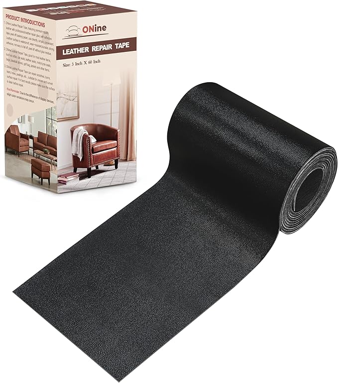 ONine Leather Repair Patch，Leather Repair Tape, 3 x 60 inches Leather Repair Patch for Furniture,Vinyl Repair kit，Leather Couch Patch，for Sofas, Furniture, car Seats(Black-Fine Grain)