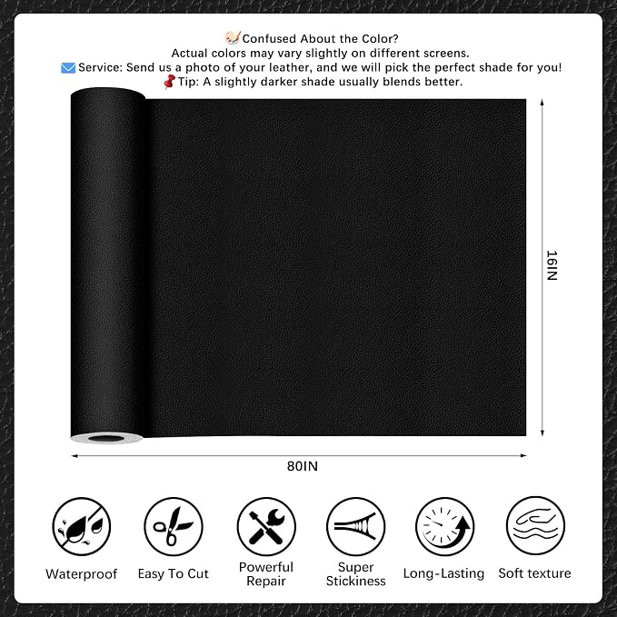 Black Leather Repair Tape, 16x80 Inch Leather Repair Patch Self-Adhesive, Waterproof Faux Leather Patch, Vinyl Repair Tape for Couch, Sofas, Furniture, Office Chair, Car Seats