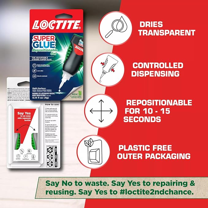 Loctite Super Glue Repositionable Gel, Clear, 0.14 fl oz Bottle, 2 Pack - Superglue for Plastic, Wood, Metal, Crafts & Repair, Cyanoacrylate Adhesive Instant Glue