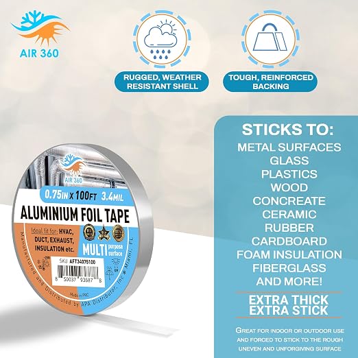 Aluminum 0,75" x 180 ft High Temperature Foil Duct Tape, HVAC Cold Weather 3/4" AC Tape, Waterproof Fire Proof Metal Tape for Air Conditioner, Thick Flex Duct Tape for Vent Repair, Pipe Insulation