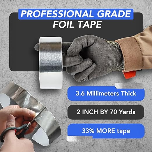 TapePlus Aluminum Foil Tape - HVAC & Ductwork Sealing with HVAC Tape - Metal Ductwork Insulation & Moisture Protection - Heat-Resistant Performance to 250°F - 2 in x 70 yd, Pack of 1, Silver