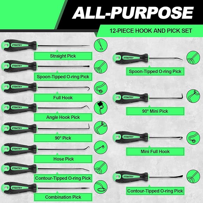FTIHTRY 12-Piece Pick and Hook Tools Set, Pick Tool Set Car Auto Oil Seal/O-Ring Seal Gasket Pick Hooks Puller Remove, Long and Mini Pick Tool Set