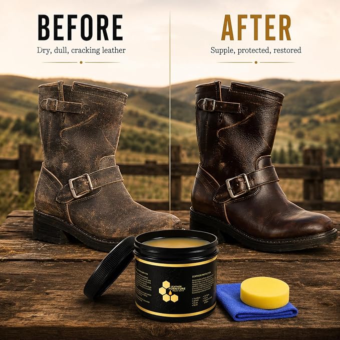 Leather Conditioner Furniture Repair Salve: with Sponge and Towel | Cleaner Restorer Protector Polisher for Couch Purses Shoe Jacket Work Boots Car Seat & Leather - Restores Shine, Softness