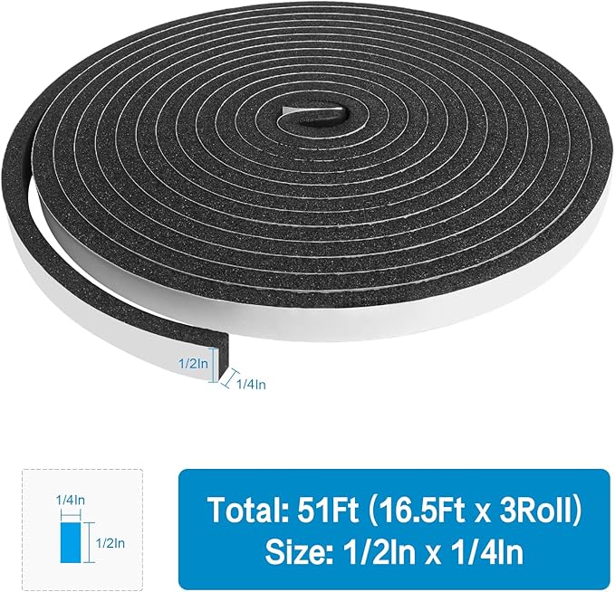 DGSL Foam Insulation Tape, 1/2In x 1/4In x51Ft Weather Stripping Door Seal Strip for Doors and Windows,Sliding Door, Soundproofing Door Seal,Weatherstrip,Air Conditioning Seal Strip