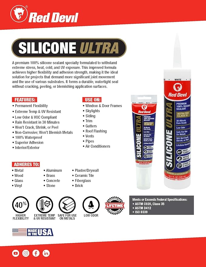 Red Devil 078040 Silicone Ultra 100% RTV Silicone Sealant, 10.1 oz., Brown, 1 Pack