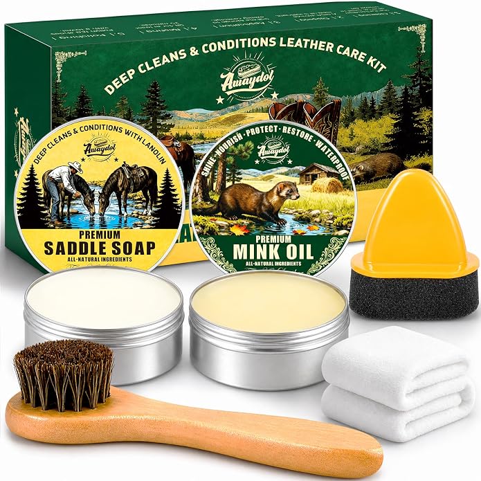 Leather Boot Care Kit,Mink Oil & Saddle Soap for Leather Cleaning,5-in-1 Leather Cleaner & Conditioner to Soften,Protect Leathercraft with Horsehair Brush & Cloth,Boot Cleaning Kit