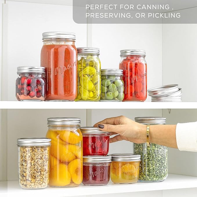 JoyJolt 8 Oz Mason Jars With Lids, Labels and Measures! 6-Pack Regular Mouth Mason Jars, Glass Jar with Lid and Band. Airtight Canning Jars, Overnight Oats Jars, Salad Jars, Sourdough Starter Jar