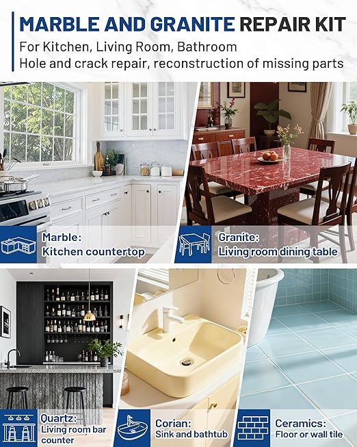 Tile, Marble and Granite Repair Kit (Color Match), 160g/5.64oz Quartz Countertop Repair Kit for Holes Dents Defects Chips Scratches Cracks, Fix Porcelain Stone Reattaches Corian Other Hard Surfaces