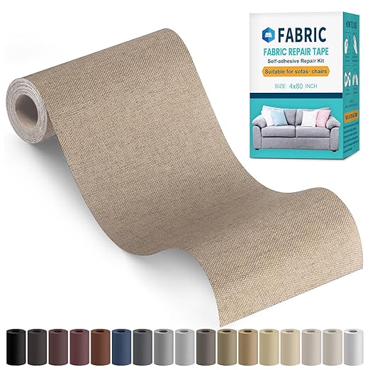 Fabric Repair Tape, Self-Adhesive Couch Patch Repair Fabric Patches for Furniture, Couch Repairing Kit Tape for Upholstery, Carpets, Chairs, Sofas, Pillows Linen 4x80 Inch Beige
