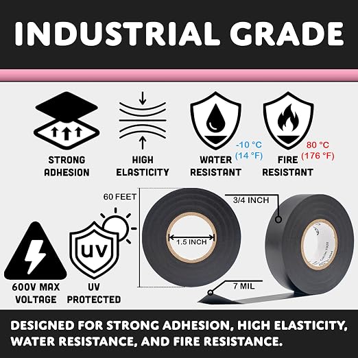 TradeGear Colored Electrical Tape - PVC General Purpose - Waterproof, Flame Retardant, Rubber Based Adhesive, UL Listed - Rated for Max. 600V and 80oC Use – 60’ x 3/4" x 0.07" (1 Pk Pink)