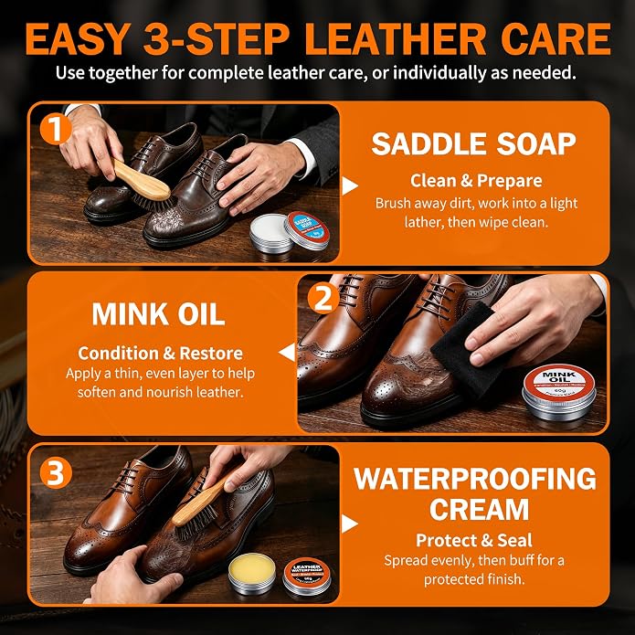 GleamGlee Leather Boot Care Kit, 10-Piece Cleaner & Conditioner Set | Full-Size Saddle Soap, Mink Oil & Waterproof Wax for a Richer Finish, Supple Feel & Everyday Protection