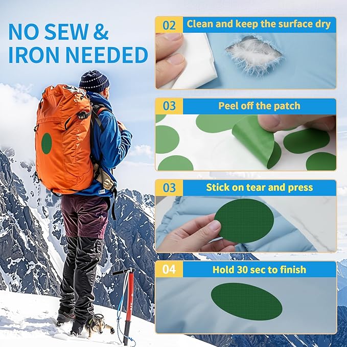 Waterproof Nylon Fabric Repair Tape Tent Repair Kit, 4pcs Outdoor Gear Tenacious Fix Tape, Self-Adhesive Fabric Patches for Clothes, Down Puffer Jacket, Tent, Sleeping Bag, Backpack, Green