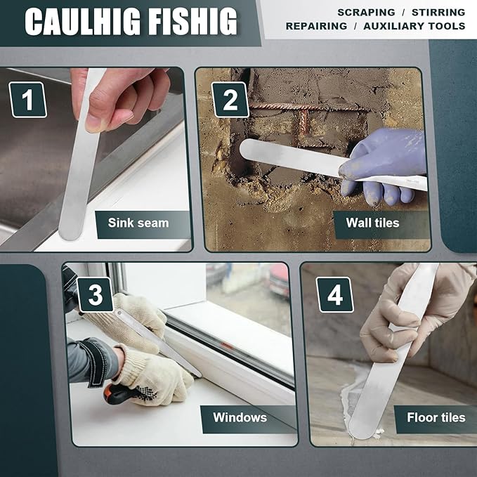 958-G01 7-Piece Caulking Spatula Tool Set, Stainless Steel Streamlined Squeegee & Fixed Round Head for Caulk and Grout, Widths 3/8" to 1-1/2" for Tub, Tile, Countertop with Storage Ring
