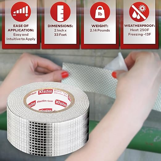 XFasten Super Waterproof Aluminum Butyl Tape, 2-Inch x 33-Foot, Aluminum Foil Tape with Butyl Rubber Adhesive for Window and Metal Roof Flashing, Patching and Gutter Leak Repair