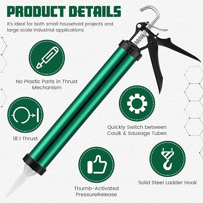 Lasnten 2 Pack Sausage Caulk Gun 20 oz Aluminum Cordless Sausage Caulking Gun with 4 Cone Nozzles, 18: 1 Thrust, Aluminum Sealant Hand Caulk Kit (Green)