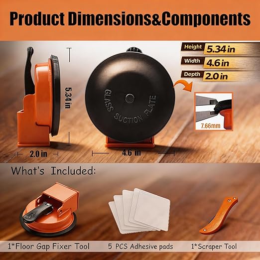 Upgraded Heavy-Duty Floor Gap Fixer Tool Kit – 110 lbs Strong Suction Cup with Adhesive Pads & Scraper, Laminate, Vinyl & Wood Flooring Repair, Plank Grabber Gap Closer