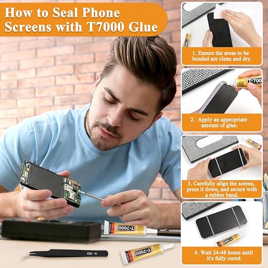 T-7000 Black Glue Adhesive, 4 x 15ML T7000 Adhesive Glue with Tweezers Precision Repairs Glue for Cell Phone Screen Electronics DIY Jewelry Making Crafts