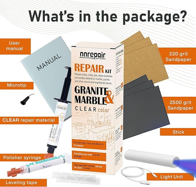 Granite Countertop Repair Kit (Clear Color + Polisher) - Made by Engineers I Also for Marble, Quartz, Acrylic, Fiberglass, Porcelain, Tile & Ceramic Surfaces I Easy Process & Quick Results