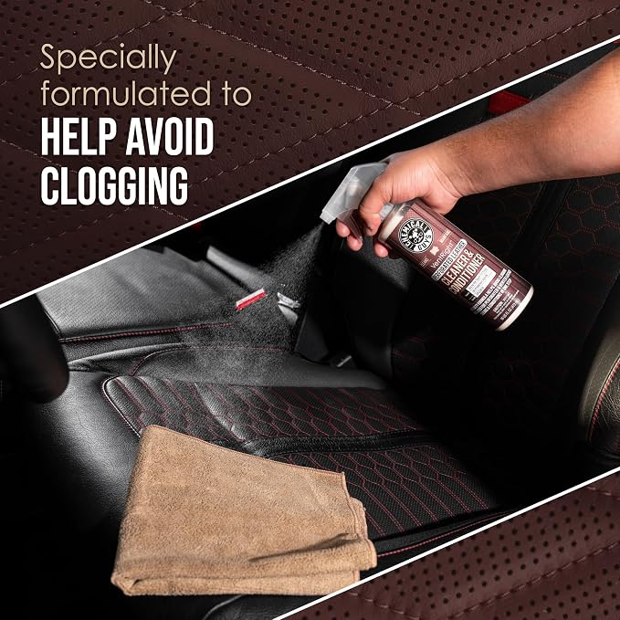 Chemical Guys Perforated Leather Cleaner and Microfiber Towel Bundle, VentRight Leather Cleaner Conditioner 16 oz with Gray Everyday Cleaning Towels 6 Pack for Car Interior Detailing