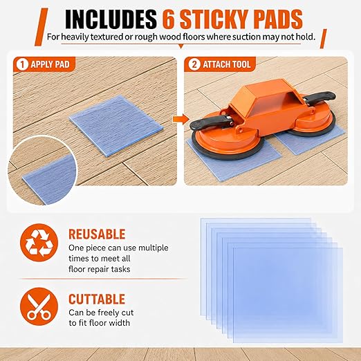 Floor Gap Fixer Tool with Suction Cup, Heavy Duty Floor Gap Repair Kit for Laminate, Floating, LVP, Vinyl Plank & Hardwood Flooring, Includes Rubber Mallet, Scrape, Gloves & 6 Reusable Pads