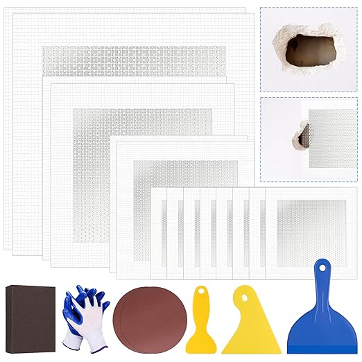 DIYSELF Drywall Patch, 21 PCS Drywall Repair Kit with 2×10", 2×8", 2×6", 8×4" Self-Adhesive Mesh Patches, Putty Scraper, Sanding Pads & Sponge, Dry Wall Patch Kit for Bathroom, Nail Holes, Outlets