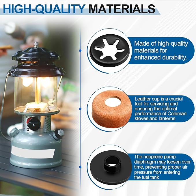 3000005094 Compatible Replacement Pump Cup Kit for Coleman Lanterns & Stoves – Includes Leather Pump Caps, Metal Nuts, and Plastic Caps for Airtight Seal