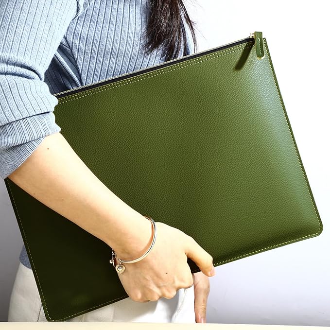 PU Leather A4 File Folder Zipper Document Holder Envelope Folder Case for Receipt Contract (Green)