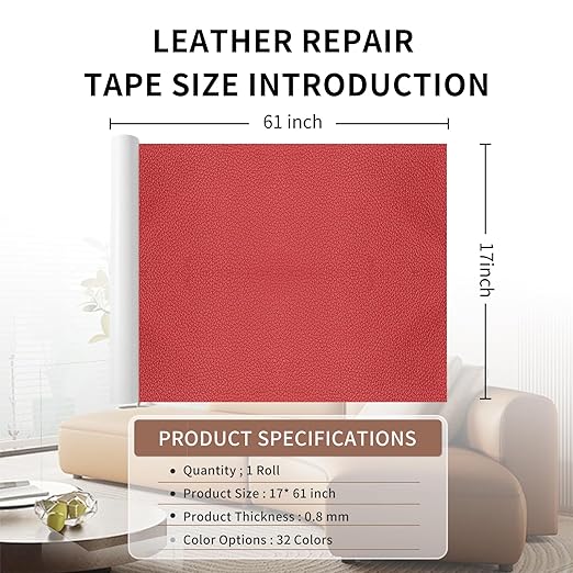 Leather Repair Patch Tape, Red 17 x 61 Inches Self Adhesive Leather Repair Kit for Furniture, Car Seat,Vinyl Leather Repair Kit for Office Chairs, Bags, Luggage