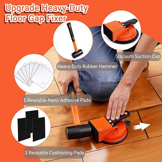 Heavy-Duty Floor Gap Fixer Tool with Robust Rubber Mallet & 5 PCS Reusable Nano Adhesive Pads – High-Grip Pro Suction Cup Repair Kit for Laminate & Vinyl Plank, Ideal for Gap Filling (No Hammer)