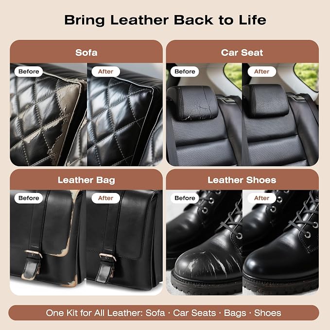 12H Quick-Dry Leather Repair Kit with 3.53Oz Leather Recoloring Balm, Filler & 4.23Oz Conditioner & Cleaner, 3-in-1 Vinyl Repair Set for Couch, Car Seat, Jacket, Shoes, Faux Leather, Light Tan/Brown