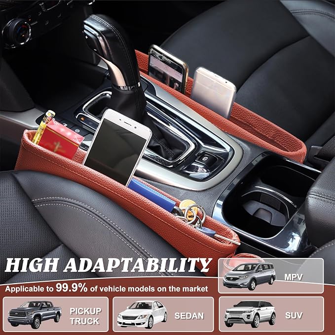 2 Pack Update Car Seat Gap Filler Organizer Leather Console Storage Box Front Side Pocket Seats Organizers Filler Interior Car Accessories for Phone Wallet Coin Key Sunglasses (Brown)
