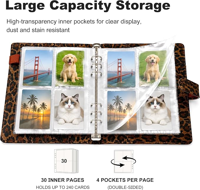 Convend A5 Kpop Photocard Binder,6 Ring Refillable Binder Album with 240 Card Slots, PU Leather Cover,Magnetic Closure for K-pop Photocards,Trading Cards, Game Cards,Leopard Textured