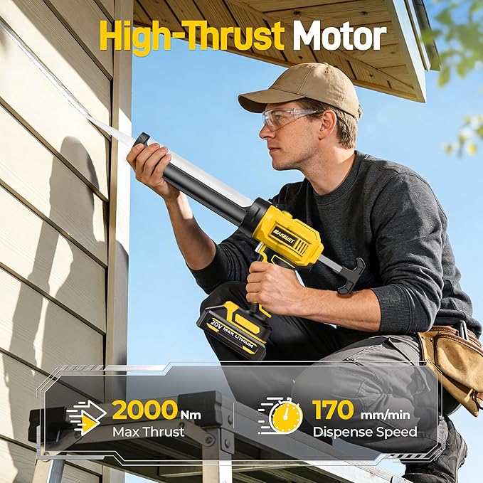 Electric Caulking Gun, 10oz Caulk Gun with 2x2000mAh Batteries, Cordless Caulking Gun, 4 Adjustable Speeds, LED Light, Auto Retraction, 9 Pcs Silicone Caulking Tools for Filling and Sealing