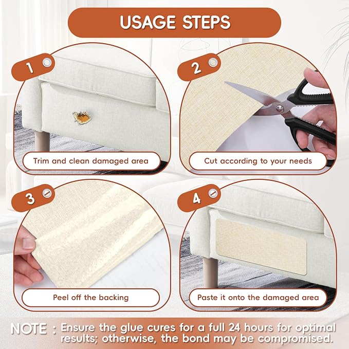 Linen Fabric Repair Tape 2 Pcs 8x12 Inch, Self Adhesive Couch Patch Repair Fabric Tape for Furniture, Linen Patch Kit for Couch, Carpet, Upholstery, Chair, Sofa, Cushion, Bag (Dark Beige)