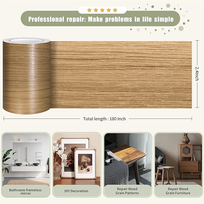 Besezx Wood Grain Tape, 2.4" X15', Self Adhesive Wood Grain Repair Patch for Tables, Chairs, DIY,Baseboards, Doors, Windows, Floors and Furniture Renovation.（Natural Wood Grain）