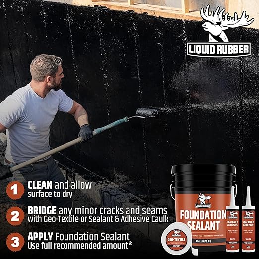 Liquid Rubber Basement and Foundation Repair Sealant - Waterproof Concrete Sealer & Crack Filler - Flexible Coating for Indoor & Outdoor Use - 5 Gallon Sealer, 10.2 oz Caulk 4 Pack, Geo Textile 4"x160