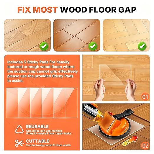 Heavy Duty Floor Gap Fixer Tool with Enhanced Suction Cup, Professional Laminate and Vinyl Plank Flooring Repair Kit, Includes Reusable Sticky Pads for Smooth and Textured Surfaces
