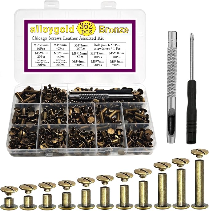 362 Pcs Bronze Chicago Screws Leather Rivets Assorted ，11 Sizes of Screw Rivets Chicago Screws for Decorate and Repair Leather Craft Belt Bag Shoes Purse Bookbinding