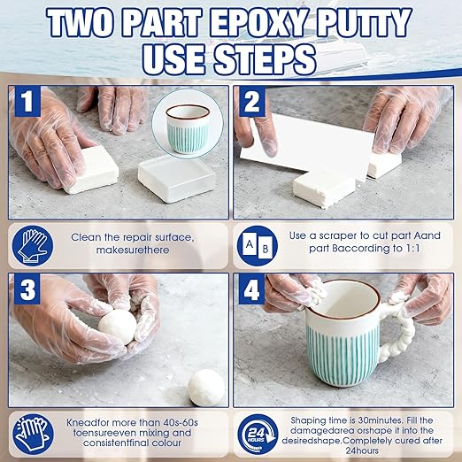 200g Marine Epoxy Putty White Marine Grade Epoxy Stick Fix Strong Adhesion Durable Waterproof for Repair Holes Gaps Dents Cracks in the Hull Metal Ceramics Plastics Wood Tiles,White 100g*2