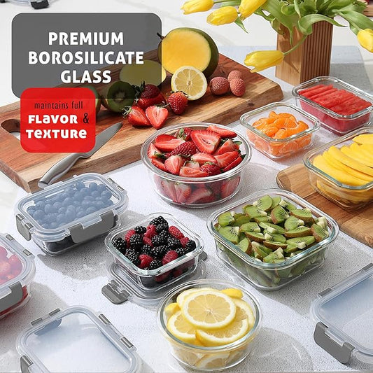 EATEX 48pc Glass Storage Containers with Lids, 24 Glass Food Storage Containers with 24 Airtight Lids for Pantry & Kitchen, Meal Prep Containers for Lunch, Oven Freezer Microwave & Dishwasher Safe