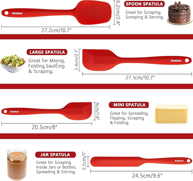 Anaeat 4 Piece Silicone Spatula Set - Seamless One-Pieces Design, Non-Stick Rubber Spatulas Kitchen Scraper for Baking, Cooking, Scraping & Mixing, Heat Resistant & BPA Free & Dishwasher Safe (Red)