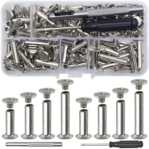 YORANYO 70Sets Chicago Screws Leather Rivets Assorted Screw Rivets Chicago Binding Screws for Decorate and Repair Leather Craft Belt Bag Shoes Purse Bookbinding (Silver, M5*15,18,20,25)