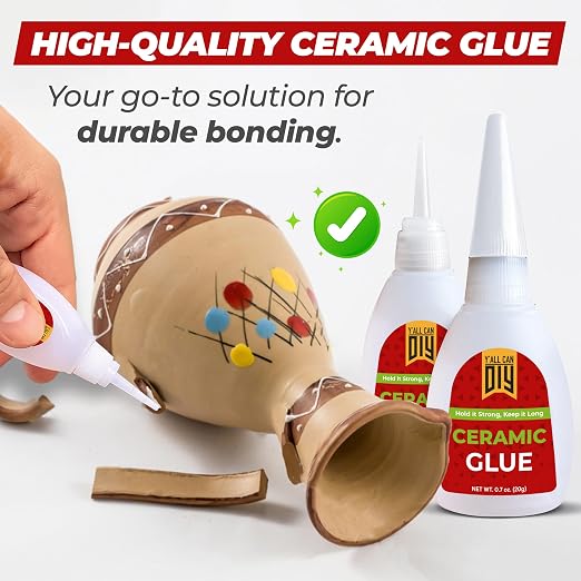 Y'allCanDiy Waterproof Super Glue for Ceramic 144 Pk x .7 Oz. (20g) - Ceramic Glue Repair for Pottery, No Smell After Cure. Best Cyanoacrylate Based Adhesive for China and Porcelain