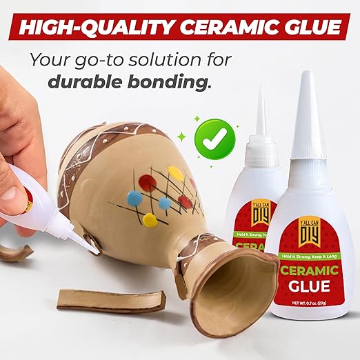Y'allCanDiy Waterproof Super Glue for Ceramic 4 Pk x .7 Oz. (20g) - Ceramic Glue Repair for Pottery, No Smell After Cure. Best Cyanoacrylate Based Adhesive for China and Porcelain