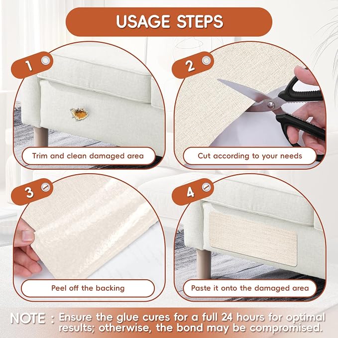 Linen Fabric Repair Tape 2 Pcs 8x12 Inch, Self Adhesive Couch Patch Repair Fabric Tape for Furniture, Linen Patch Kit for Couch, Carpet, Upholstery, Chair, Sofa, Cushion, Bag (Beige)