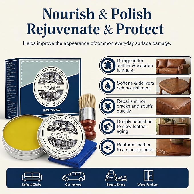 Wood Repair & Furniture Salve - Leather Furniture Salve & Brush Set, Leather Couch Conditioner for Wood & Leather Conditioner, with Furniture Wax, Prevents Cracking & Fading
