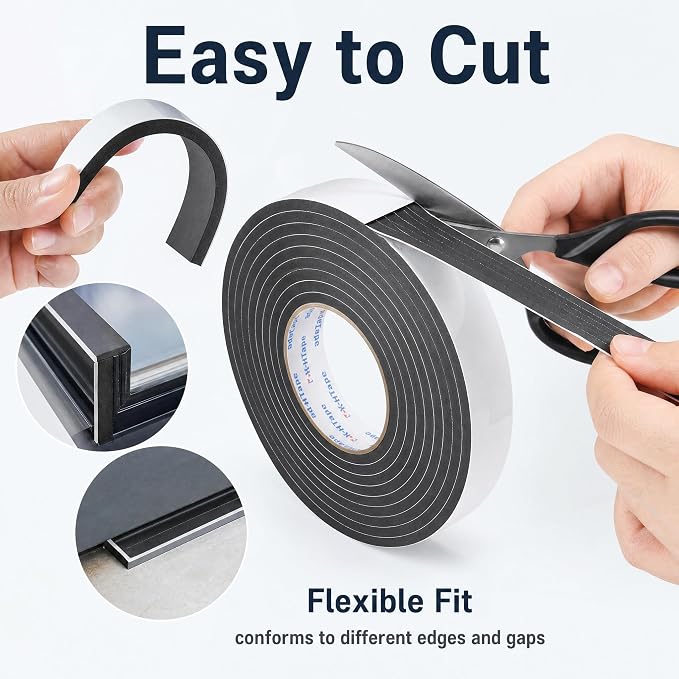 Seal Foam Tape,1/8" Thick-1/2-33ft 2Rolls, Weather Stripping for Door and Window,High Density Single Sided Closed Cell Door Insulation Weather Strip, Black
